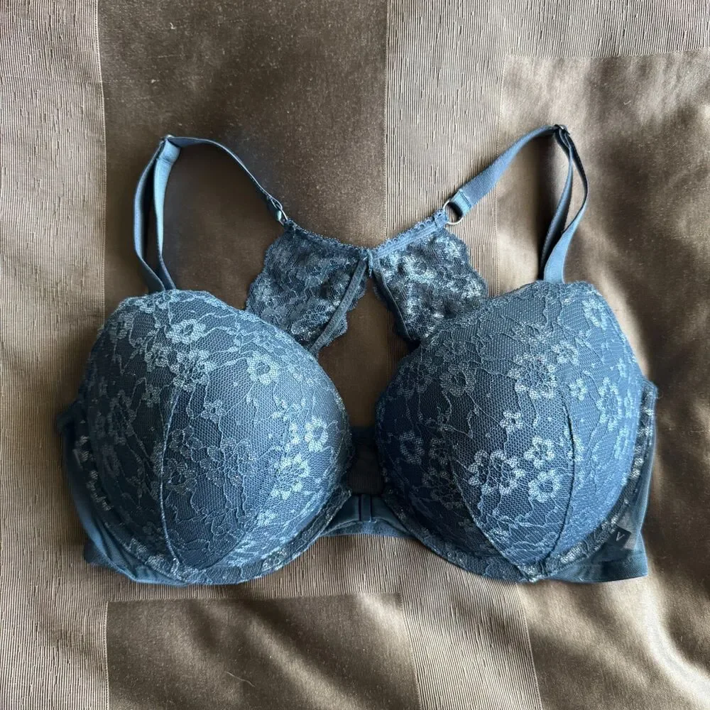 VICTORIA'S SECRET Blue Lace Mesh Racerback Push Up Bra Size 38D